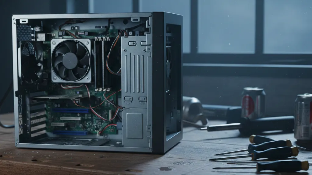 AI generated image of a computer on a workbench